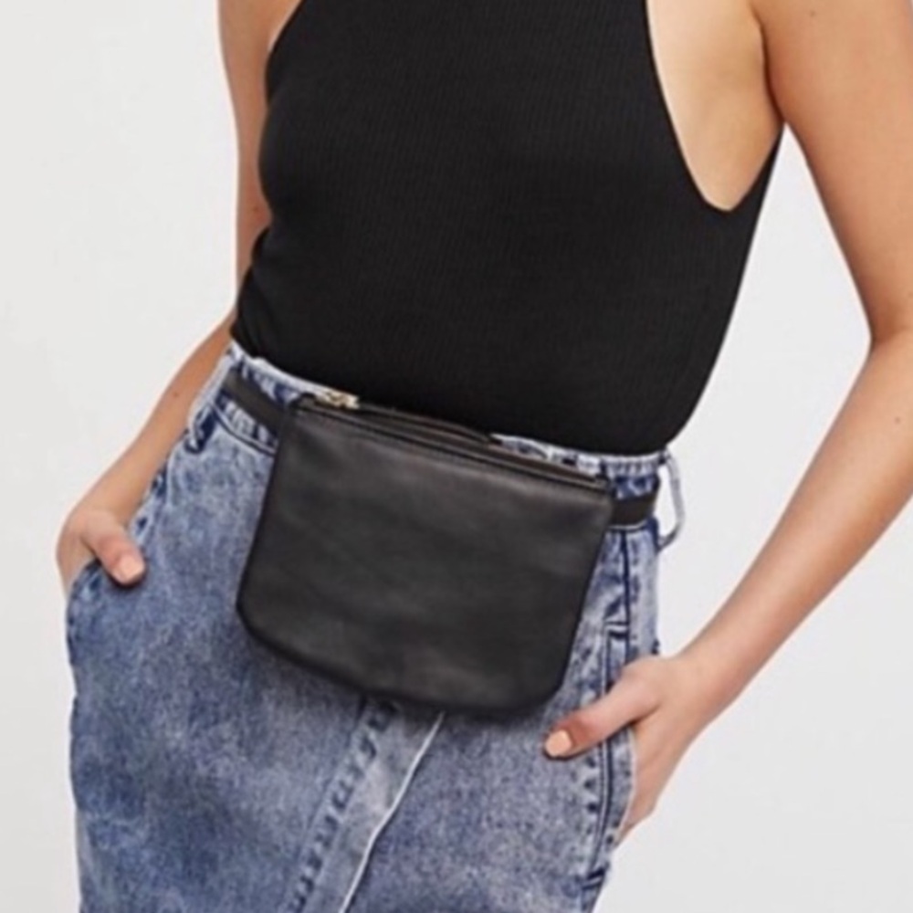Free People Payton Lamb Leather Belt Bag Pouch Wallet Black